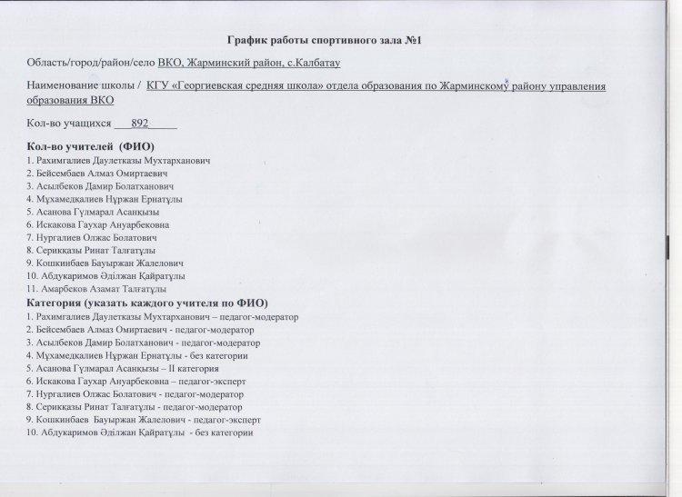 График работы спортивного зала №1