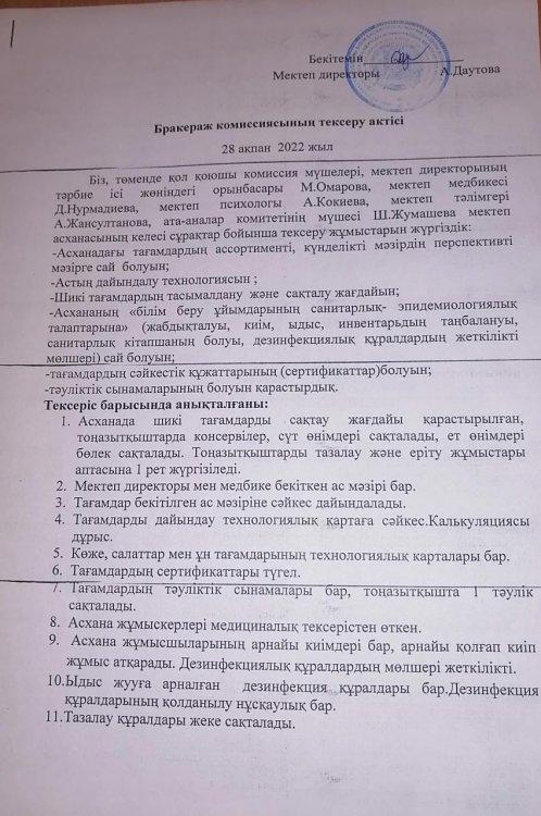 Тегін ыстық тамақпен қамтамасыз етуді тексеру актісі
