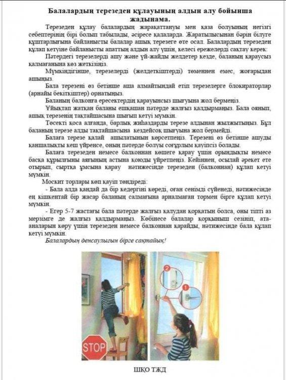 Балалардың терезеден құлауының алдын алу бойынша жадынама.