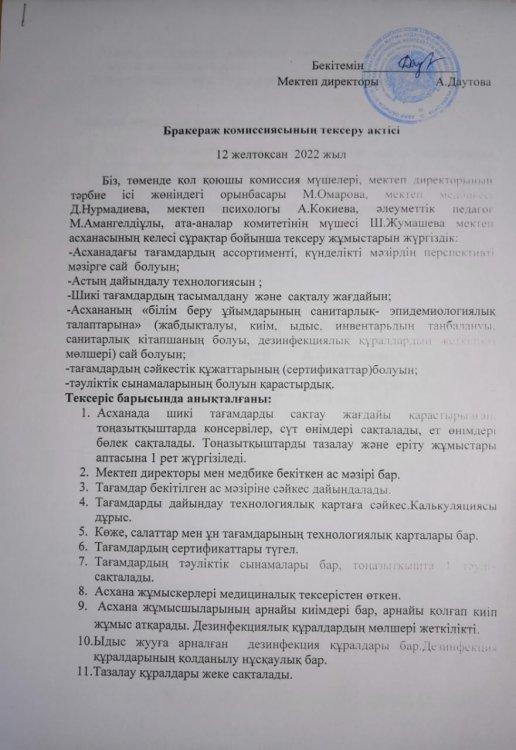 Бракераж комиссиясының тексеру актісі