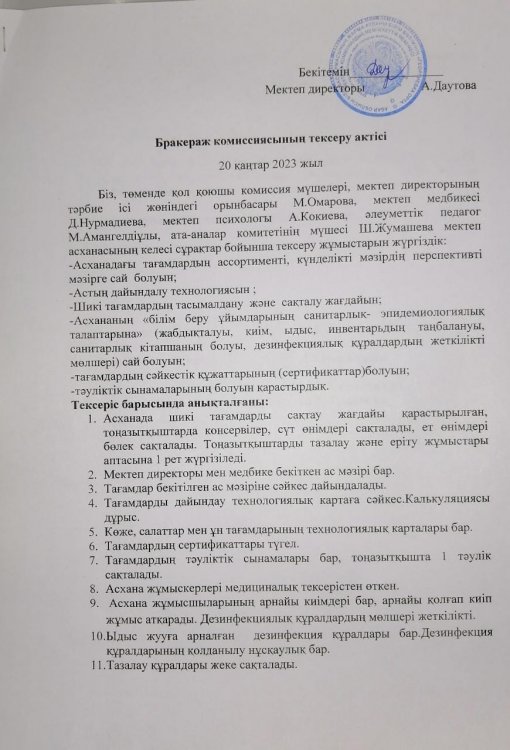 Бракераж комиссиясының тексеру актісі