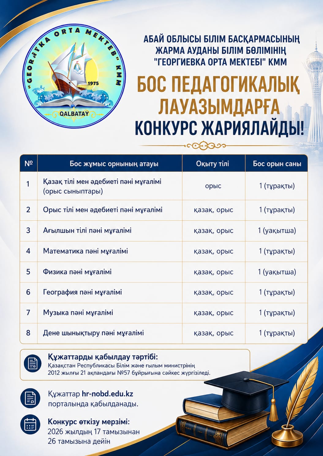 Бос педагогикалық лауазымдарға конкурс жариялау